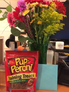 Flowers, treats, and a card from my coworkers